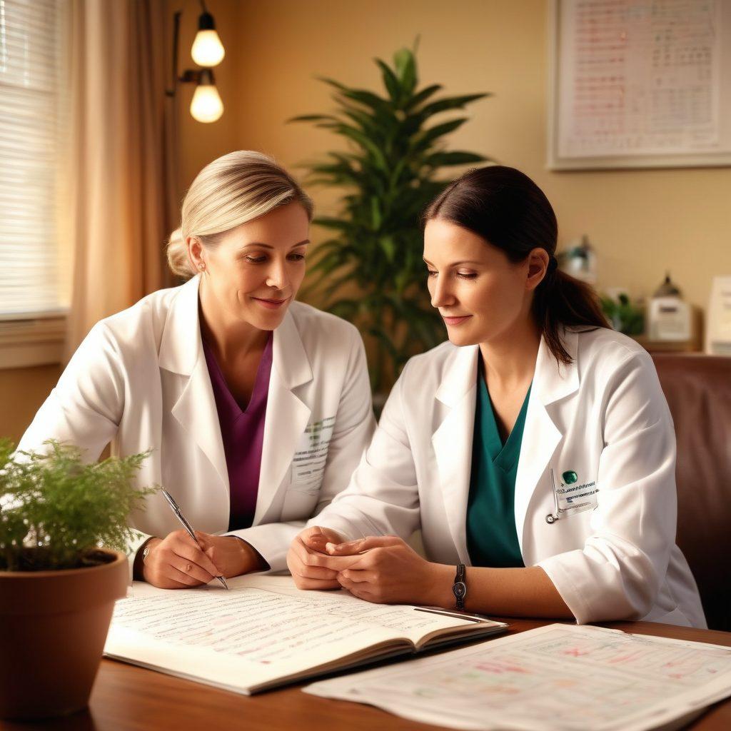 A compassionate oncologist discussing cancer therapies with a cancer survivor, both sharing insights in a cozy, warm-lit room filled with medical charts and supportive texts. Include elements like a cancer awareness ribbon and a potted plant symbolizing hope and healing in the background. Soft lighting enhances the emotional connection. super-realistic. warm colors. cozy atmosphere.